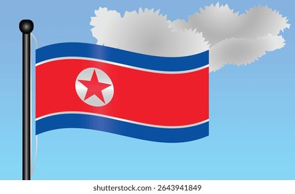 North Korea national flag waving against a bright blue sky. representing national pride, unity, and heritage in Asia with its vibrant colors and iconic design. Patriotic symbol of identity or pride