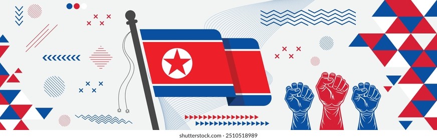 Bandeira nacional da Coreia do Norte ou do dia da Independência, Bandeira da Coreia do Norte com punhos levantados, formas geométricas retrô abstratas