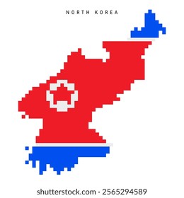 North Korea pixel flag map icon. 8 bit pixel art Juche map covered with flag. Flat vector illustration isolated on white background.