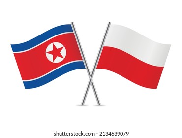 North Korea and Poland crossed flags. North Korean and Polish flags isolated on white background. Vector icon set. Vector illustration.