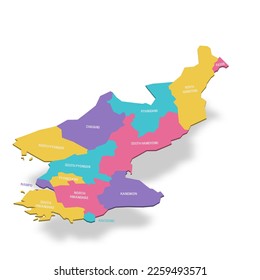 North Korea political map of administrative divisions - provinces. 3D colorful vector map with name labels.