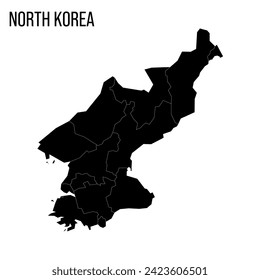 North Korea political map of administrative divisions - provinces. Blank black map and country name title.