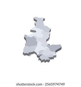 North Korea political map of administrative divisions - provinces. 3D isometric blank vector map in shades of grey.