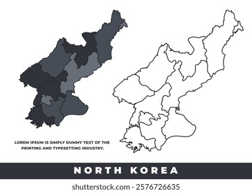 North Korea political regions black color outline map set