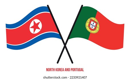 North Korea and Portugal Flags Crossed And Waving Flat Style. Official Proportion. Correct Colors.