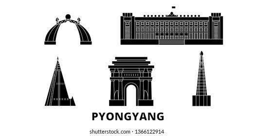 North Korea, Pyongyang flat travel skyline set. North Korea, Pyongyang black city vector illustration, symbol, travel sights, landmarks.