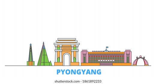 North Korea, Pyongyang line cityscape, flat vector. Travel city landmark, oultine illustration, line world icons