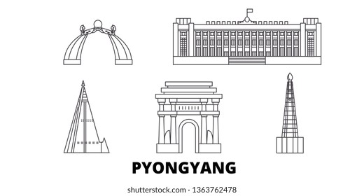 North Korea, Pyongyang line travel skyline set. North Korea, Pyongyang outline city vector illustration, symbol, travel sights, landmarks.