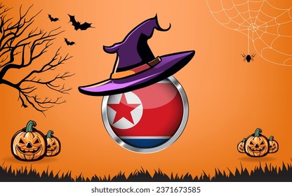 north korea round flag with Happy Halloween banner or party invitation background. bats, spiders and pumpkins, orange background