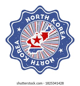 North Korea round grunge stamp with country map and country flag. Vintage badge with circular text and stars, vector illustration.