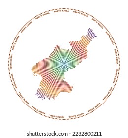 North Korea round logo. Digital style shape of North Korea in dotted circle with country name. Tech icon of the country with gradiented dots. Vibrant vector illustration.