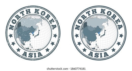 North Korea round logos. Circular badges of country with map of North Korea in world context. Plain and textured country stamps. Vector illustration.