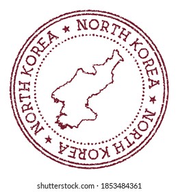 North Korea round rubber stamp with country map. Vintage red passport stamp with circular text and stars, vector illustration.