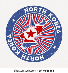 North Korea round stamp. Logo of country with flag. Vintage badge with circular text and stars, vector illustration.