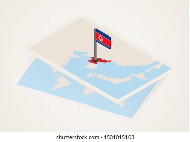 North Korea selected on map with isometric flag of North Korea. Vector paper map.