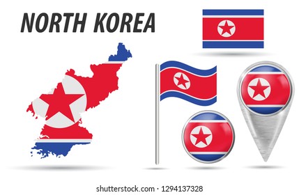 North korea. Set flag, map pointer, button, waving flag, symbol, flat icon and map in the colors of the national flag. Vector illustration of collection of national symbols on various objects. EPS 10