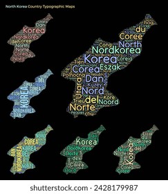 North Korea. Set of typography style country illustrations. North Korea map shape built of horizontal and vertical country names. Vector illustration.