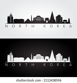 North Korea skyline and landmarks silhouette, black and white design, vector illustration.