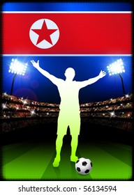 North Korea Soccer Player with Flag on Stadium Background Original Illustration