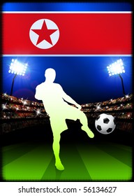 North Korea Soccer Player with Flag on Stadium Background Original Illustration