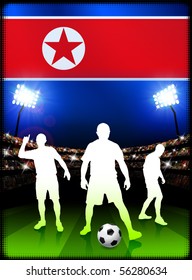 North Korea Soccer Player with Flag on Stadium Background Original Illustration