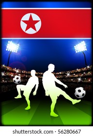 North Korea Soccer Player with Flag on Stadium Background Original Illustration