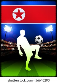 North Korea Soccer Player with Flag on Stadium Background Original Illustration