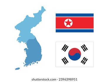 North korea and South korea country map and flag, vector illustration. 