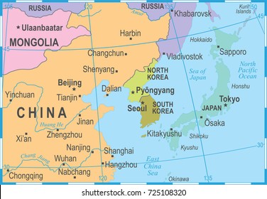 North Korea South Korea Japan China Russia Mongolia Map - Detailed Vector Illustration