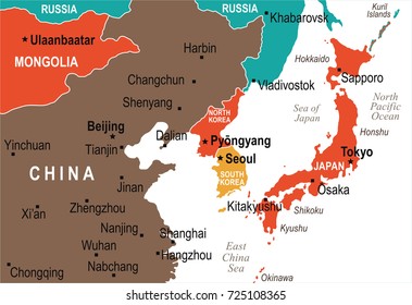 North Korea South Korea Japan China Russia Mongolia Map - Detailed Vector Illustration