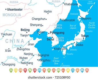 North Korea South Korea Japan China Russia Mongolia Map - Detailed Vector Illustration