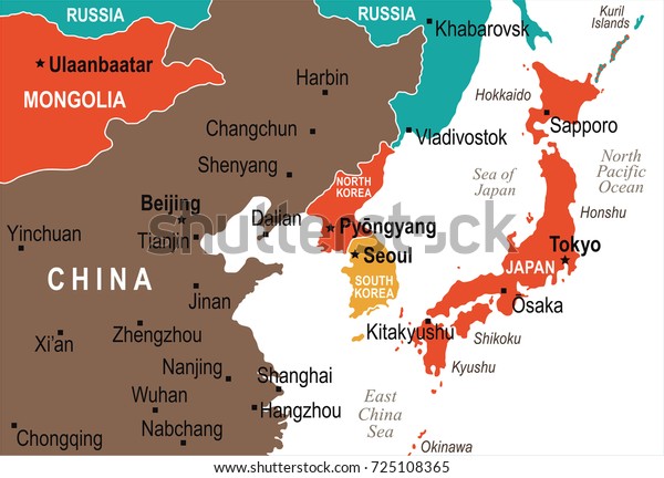 北朝鮮韓国日本中国ロシアモンゴルの地図 詳細なベクターイラスト