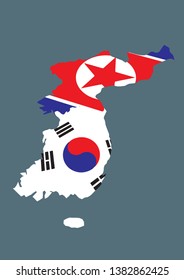 North Korea and South Korea map with flags.