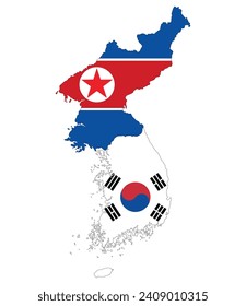 North Korea and South Korea map with national flag. Map of Korea. 