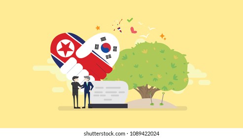 North Korea And South Korea Peace Diplomacy Tiny People Character Concept Vector Illustration, Suitable For Wallpaper, Banner, Background, Card, Book Illustration, Web Landing Page, and Others