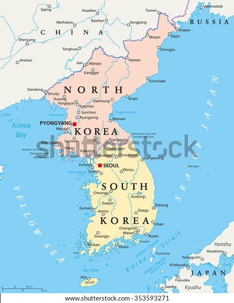 北朝鮮と韓国の政治地図 首都は平壌とソウル 朝鮮半島 国境 重要な都市 川 湖 英語のラベル付けとスケーリング イラトス のベクター画像素材 ロイヤリティフリー 353593271