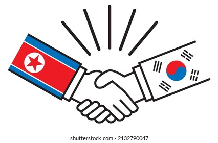 North Korea and South Korea shake hands with the national flag. Image illustrations of wars, conflicts, alliances, reconciliations, agreements between nations, icons.