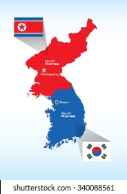 North Korea and South Korea vector map with flags isolated