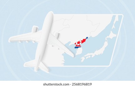 North Korea Travel Illustration with Plane and National Flag. Ideal for travel agencies, promotional materials, or geographic content related to North Korea.