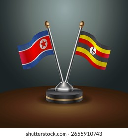 North Korea and Uganda table flags relation  with gradient backgrund. Vector Illustration