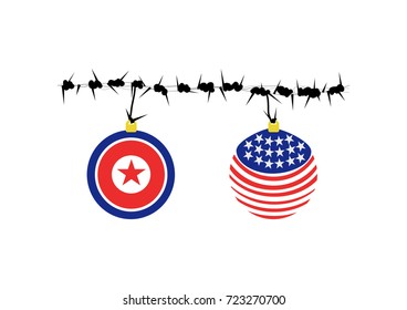 North Korea and United States of America flag on Christmas balls pending from a barbed wire.