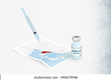 North Korea Vaccination, Injection with COVID-19 vaccine in Map of North Korea. Vaccination Concept Illustration.