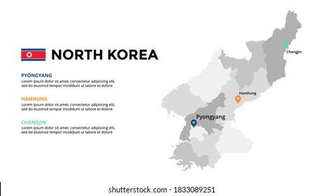 Plantilla de infografía del mapa vectorial de Corea del Norte. Presentación con diapositivas. Concepto de marketing comercial global. País asiático. Datos geográficos del transporte mundial. 