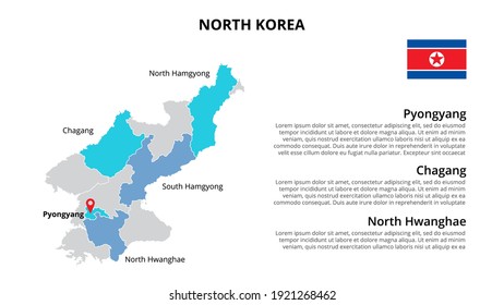 North Korea vector map infographic template divided by states, regions or provinces. Slide presentation.