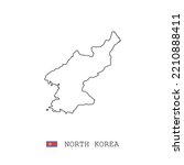 North Korea vector map outline, line, linear. North Korea black map on white background. North Korea flag