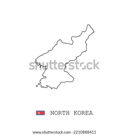 North Korea vector map outline, line, linear. North Korea black map on white background. North Korea flag