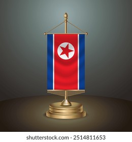 Bandeira de mesa vertical da Coreia do Norte com polo dourado no fundo de gradiente escuro, vetor de banner de modelo Ilustração