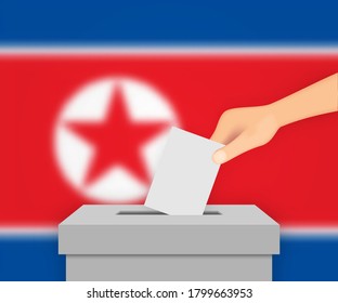 North Korea vote election banner background. Ballot Box with blurred flag