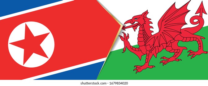 North Korea and Wales flags, two vector flags symbol of relationship or confrontation.