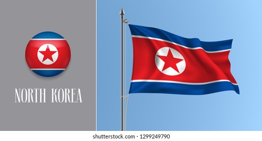 North Korea waving flag on flagpole and round icon vector illustration. Realistic 3d mockup of red blue Korean flag and circle button 